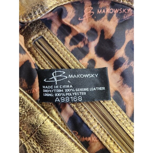 B. Makowsky Handbag Purse Metallic Bronze Purse Shoulder Leopard Liner Pockets - Picture 8 of 9